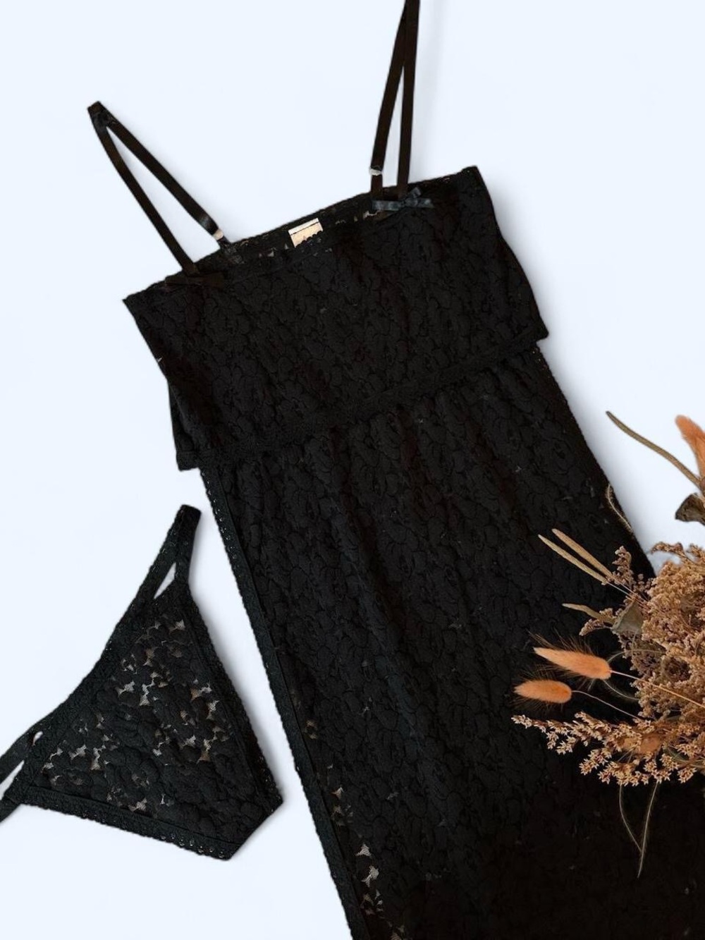 Y2K Elegant Moments Black Lace Sheer Maxi Lingerie Dress w/ Thong